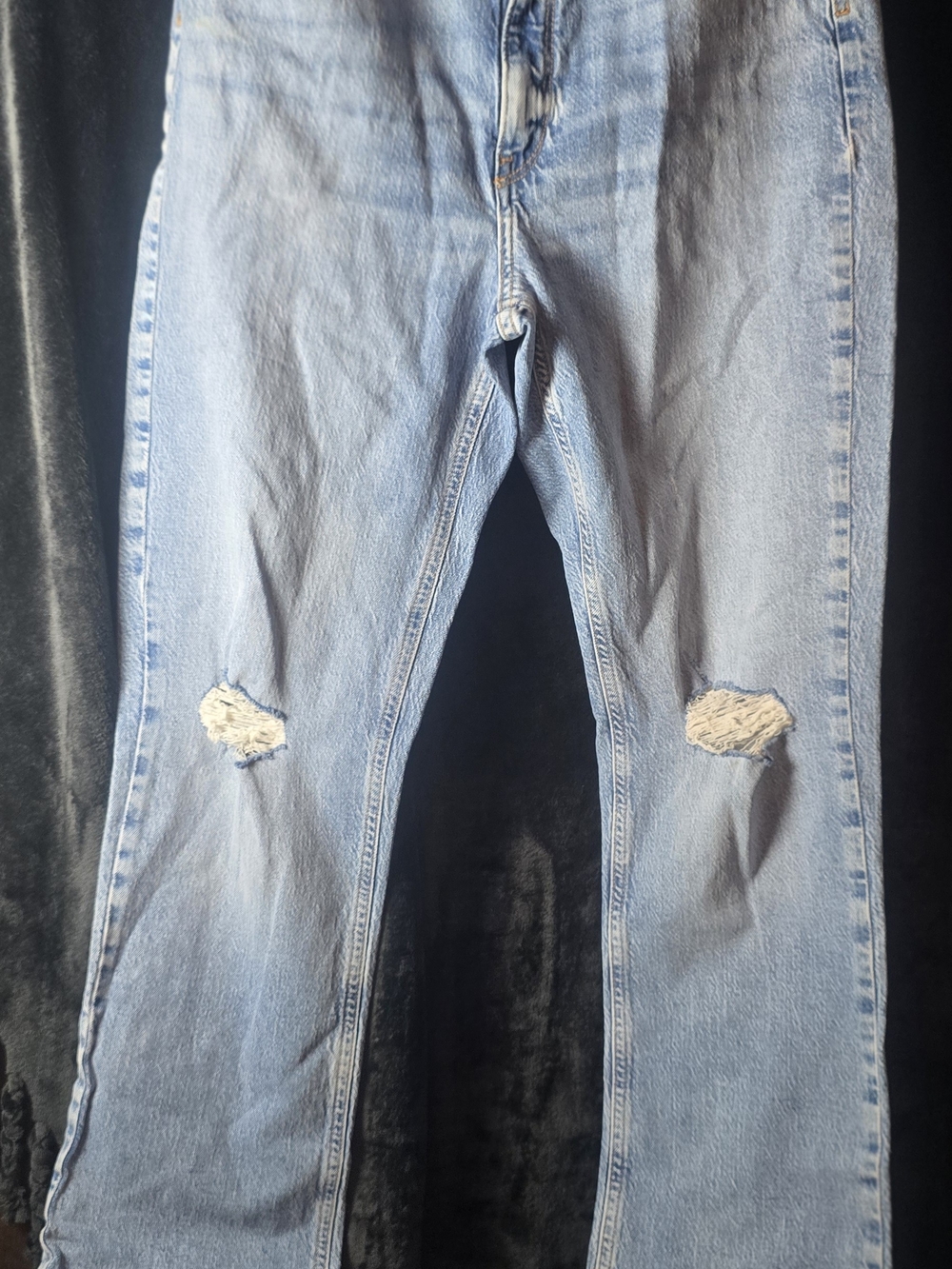 Zara Light Blue Flare Jeans with Knee Rips